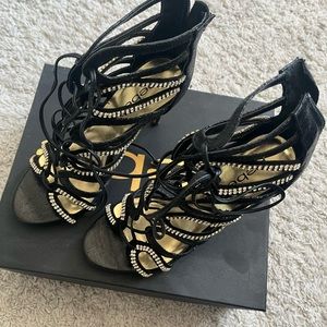 High heels for dance or formal wear. Black with gold jewels